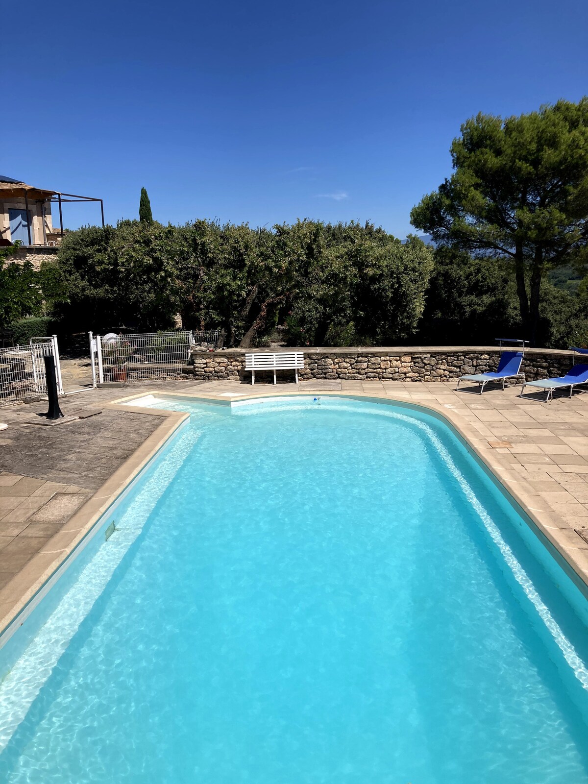Piscine extérieure entourée de pierres, transats et végétation, avec bâtiment en fond et ciel dégagé.